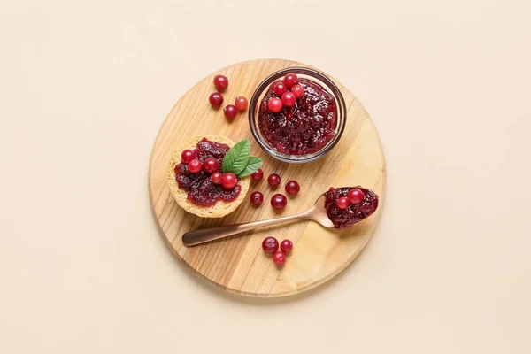 Tasty Sandwich Cranberry Jam Beige Background — Stock Photo, Image
