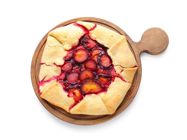 Board Tasty Plum Galette White Background — Stock Photo, Image