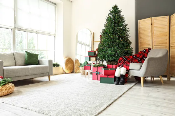 Interior Quarto Moderno Decorado Para Natal — Fotografia de Stock