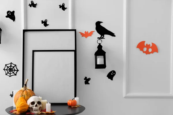 Blank Frames Halloween Decor Table Light Wall — Stock Photo, Image