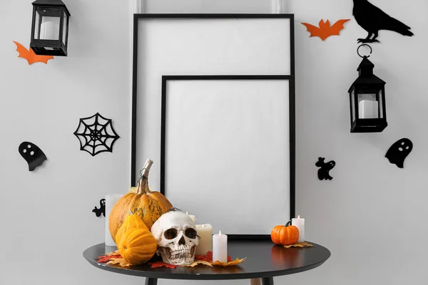 Blank Frames Halloween Decor Table Light Wall — Stock Photo, Image