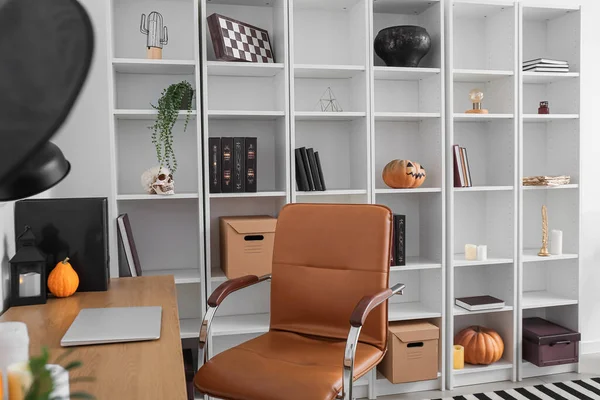 Modern Workplace Book Shelf Room Decorated Halloween — Stock Photo, Image