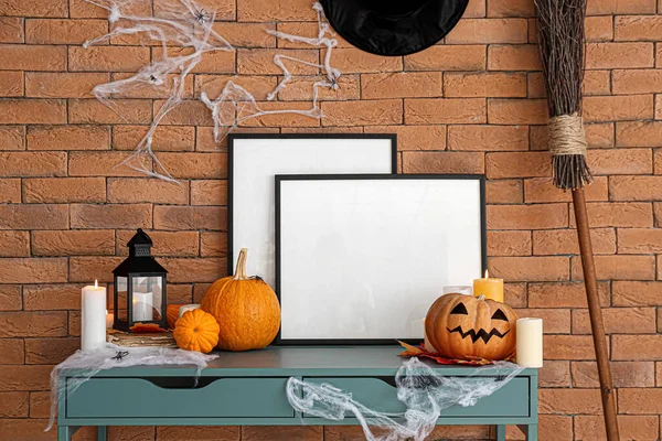 Blank Frames Halloween Decor Table Brick Wall — Stock Photo, Image