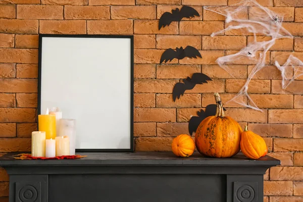 Blank Frame Candles Halloween Pumpkins Mantelpiece Brick Wall — Stock Photo, Image
