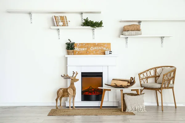 Fireplace Board Text Merry Christmas Interior Light Room — Stock Photo, Image