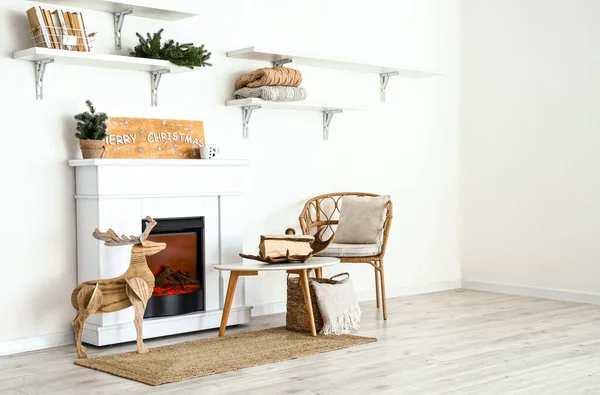 Open Haard Plank Met Tekst Merry Christmas Interieur Van Lichte — Stockfoto