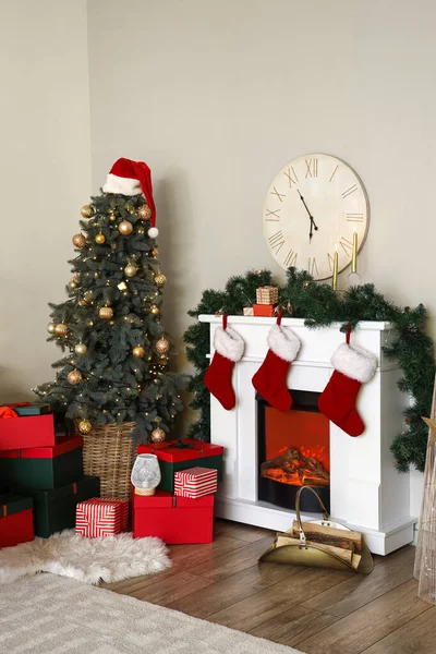 Fireplace Fir Tree Gifts Room Decorated Christmas — Stock Photo, Image