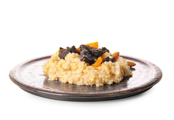 Plate Delicious Oatmeal Prunes Dried Apricots Almond Nuts White Background — Stock Photo, Image