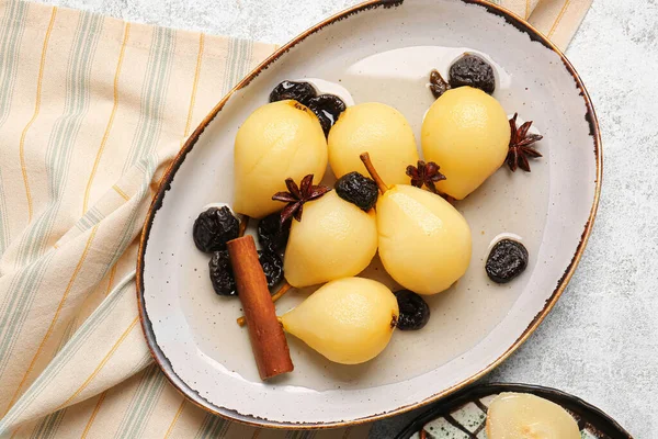 Delicious Poached Pears Prunes Dish Light Table — Stock Photo, Image