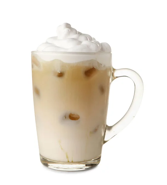 Copo Vidro Latte Hojicha Gelado Fundo Branco — Fotografia de Stock