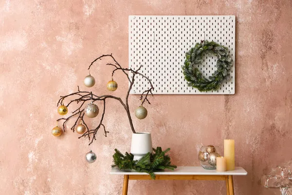 Tree Branches Christmas Balls Vase Candles Table Pink Wall — Stock Photo, Image