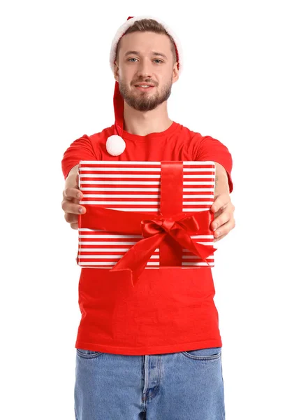 Hombre Joven Sombrero Santa Con Regalo Navidad Sobre Fondo Blanco —  Fotos de Stock