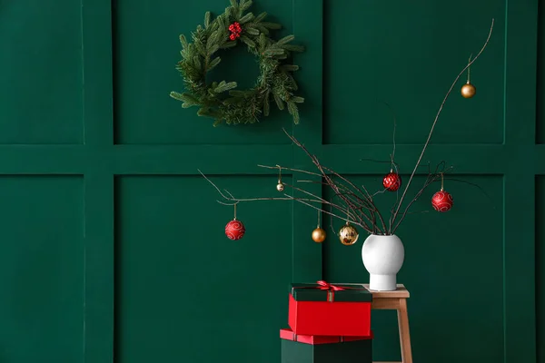 Tree Branches Christmas Balls Vase Gifts Stepladder Green Wall — Stock Photo, Image