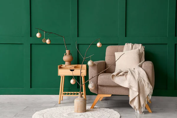 Tree Branches Christmas Balls Vases Armchair Green Wall — Stock Photo, Image