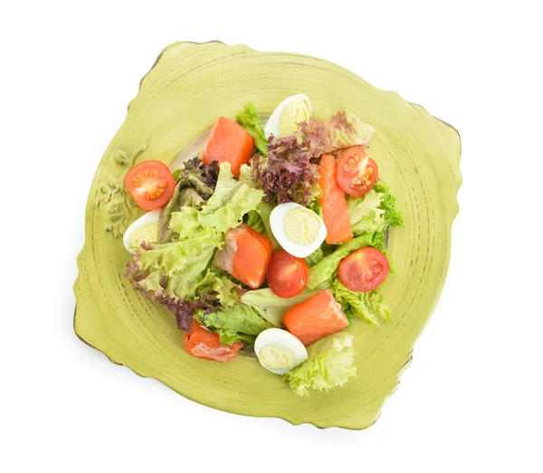 Leckerer Salat Mit Lachs Und Frischem Gemüse Teller Auf Weißem — Stockfoto