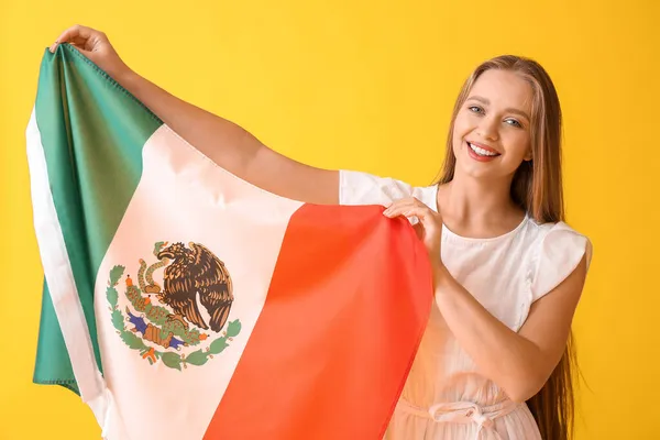 Happy Young Woman Flag Mexico Color Background — Stock Photo, Image