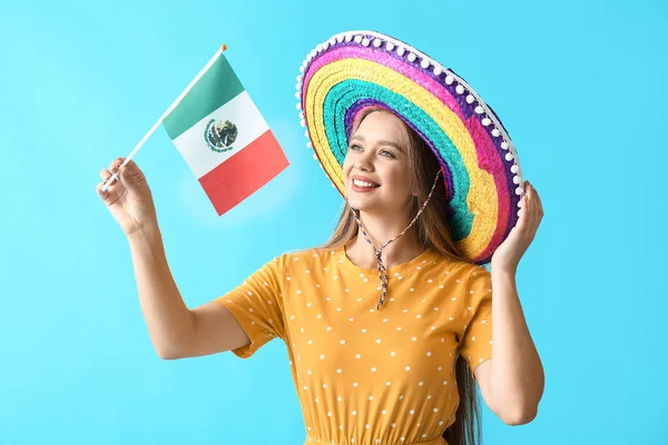 Happy Young Woman Sombrero Hat Flag Mexico Color Background — Stock Photo, Image