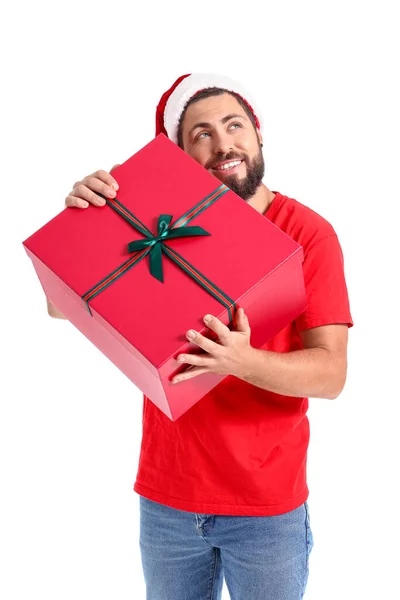 Handsome Man Santa Hat Christmas Gift White Background — Stock Photo, Image