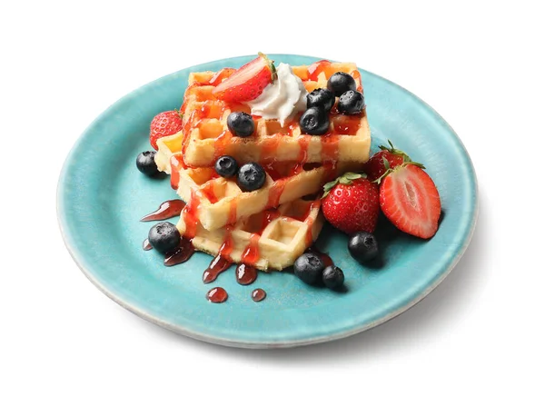 Plate Tasty Belgian Waffles Berries White Background — Stock Photo, Image