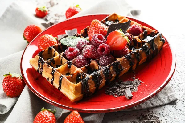 Plate Tasty Belgian Waffle Berries Table — Stock Photo, Image