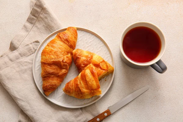 Plate Delicious Croissants Cup Tea White Background — Stock Photo, Image