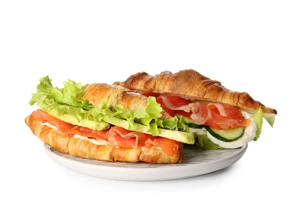 Plate Delicious Croissant Sandwich White Background — Stock Photo, Image