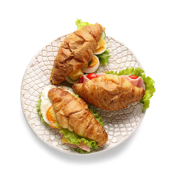 Plate Delicious Croissant Sandwiches White Background — Stock Photo, Image