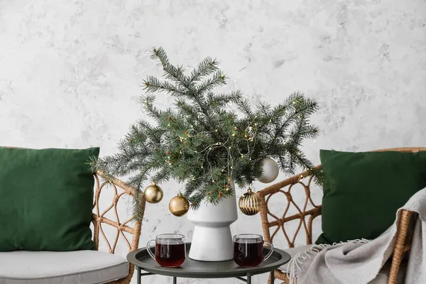 Fir Branches Christmas Balls Vase Cups Tea Table Chairs Light — Stock Photo, Image