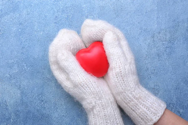 Woman Warm Mittens Heart Blue Background Winter Concept — Stock Photo, Image