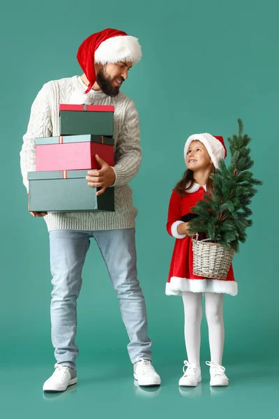 Little Girl Her Father Christmas Tree Gifts Color Background — Stock Photo, Image