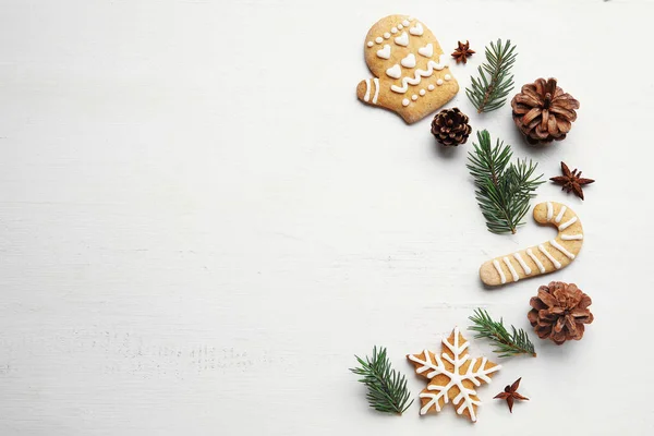 Fir Tree Branches Pine Cones Anise Christmas Cookies Light Wooden — Stock Photo, Image