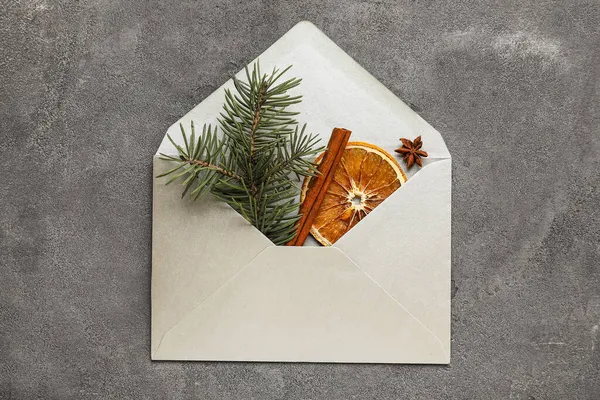 Envelope Fir Tree Branch Cinnamon Anise Slices Dried Orange Grunge — Stock Photo, Image