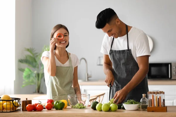 Young Couple Cooking Kitchen Vegan Day — Stock Photo, Image