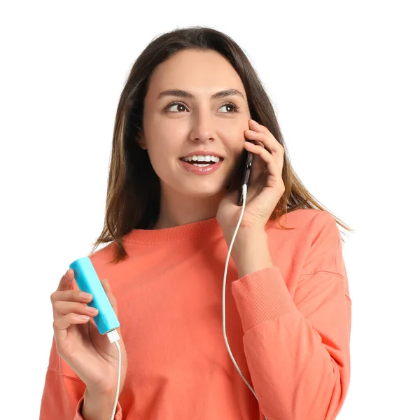 Young Woman Phone Power Bank White Background — Stock Photo, Image