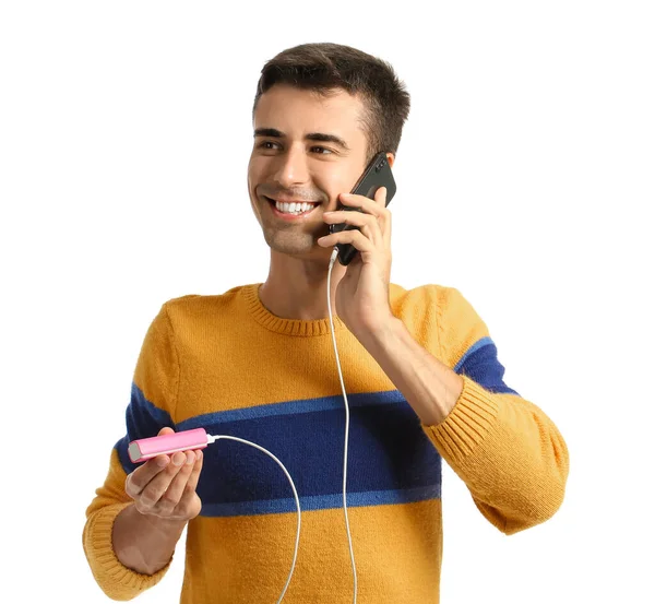 Young Man Phone Power Bank White Background — Stock Photo, Image