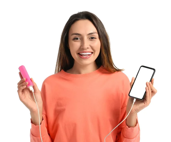 Young Woman Phone Power Bank White Background — Stock Photo, Image