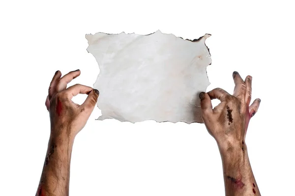 Mani Zombie Con Foglio Carta Vuoto Sfondo Bianco — Foto Stock