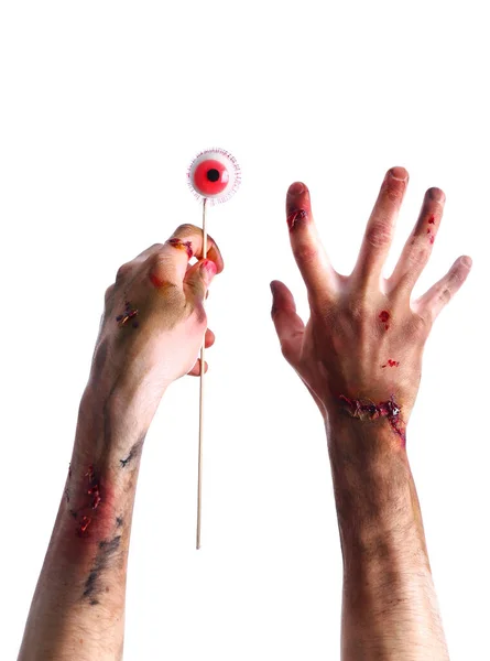 Ręce Zombie Ludzkim Okiem Kiju Białym Tle — Zdjęcie stockowe
