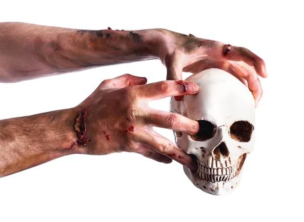 Mani Zombie Con Teschio Sfondo Bianco — Foto Stock