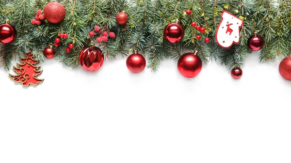 Fir Branches Christmas Balls White Background — Stock Photo, Image