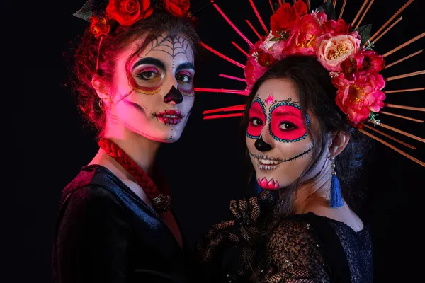 Stylish Women Painted Skull Faces Dark Background Celebration Mexico Day — Stock Photo, Image