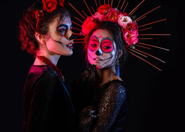 Stylish Women Painted Skull Faces Dark Background Celebration Mexico Day — Stock Photo, Image