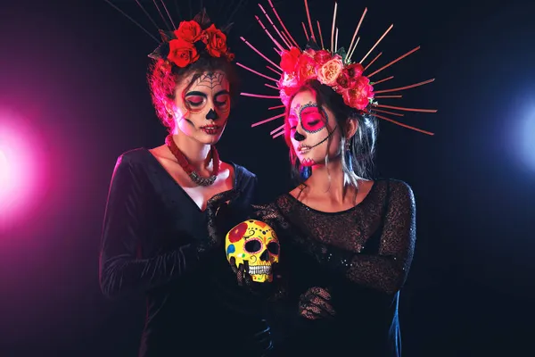 Stylish Women Painted Faces Sugar Skull Dark Background Celebration Mexico — Stock Photo, Image