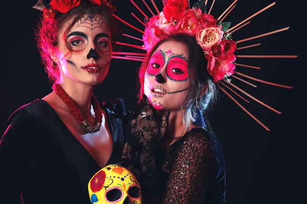 Stylish Women Painted Faces Sugar Skull Dark Background Celebration Mexico — Stock Photo, Image
