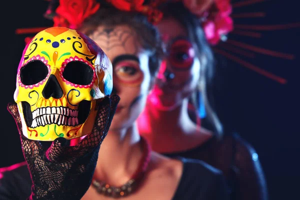 Stylish Women Painted Faces Sugar Skull Dark Background Closeup Celebration — Stock Photo, Image