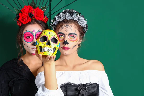 Stylish Women Painted Faces Sugar Skull Color Background Celebration Mexico — Stock Photo, Image