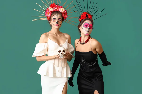 Stylish Women Painted Faces Skull Color Background Celebration Mexico Day — Stock Photo, Image