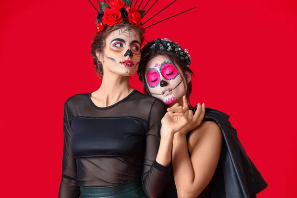 Stylish Women Painted Skull Faces Color Background Celebration Mexico Day — Stock Photo, Image