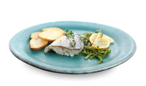 Plate Tasty Sea Bass Fish White Background — Stock Photo, Image