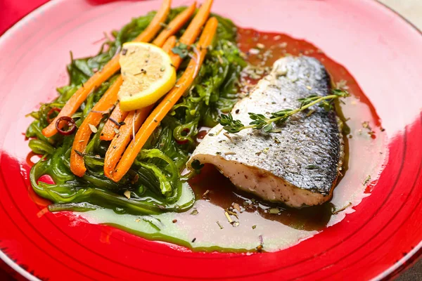 Plate Delicious Sea Bass Fish Vegetables Table Closeup — Stock Photo, Image